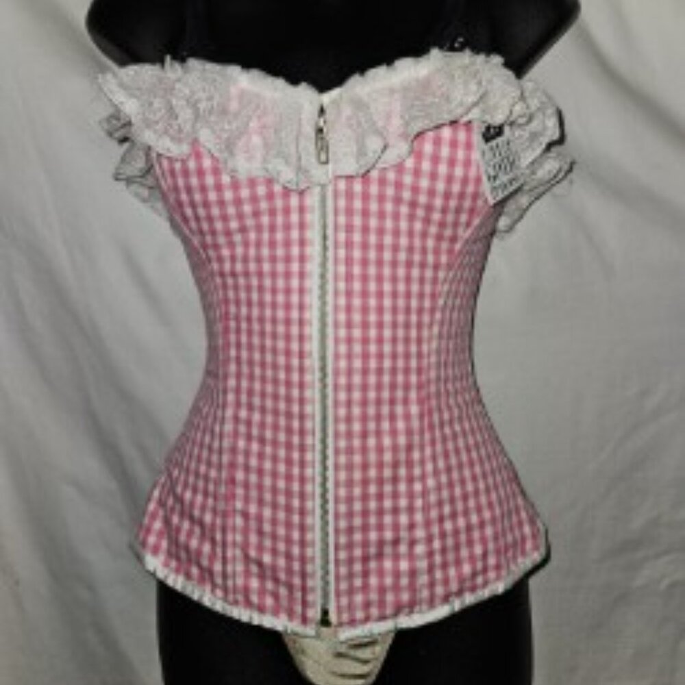 SALE NEW 22"/XS PINK GINGHAM DAISY DUKE RETRO TIGHT LACING CORSET ZIPPER